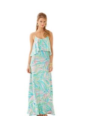 Lilly Pulitzer Pastel Aqua Pink Blue Green Printed Maxi Dress